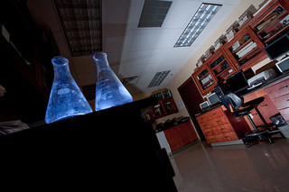 A pair of Erlenmeyer flasks sit in lab at Lafayette College's Oechsle Hall.