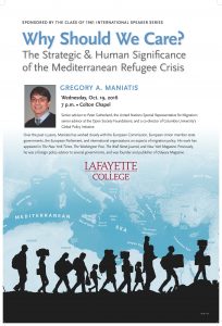 Poster for upcoming speaker at Lafayette College: Gregory A. Maniatis