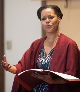 Yolanda Wisher '98 recites poetry works in the Kirby Hall of Civil Rights, Lafayette College, in 2014.